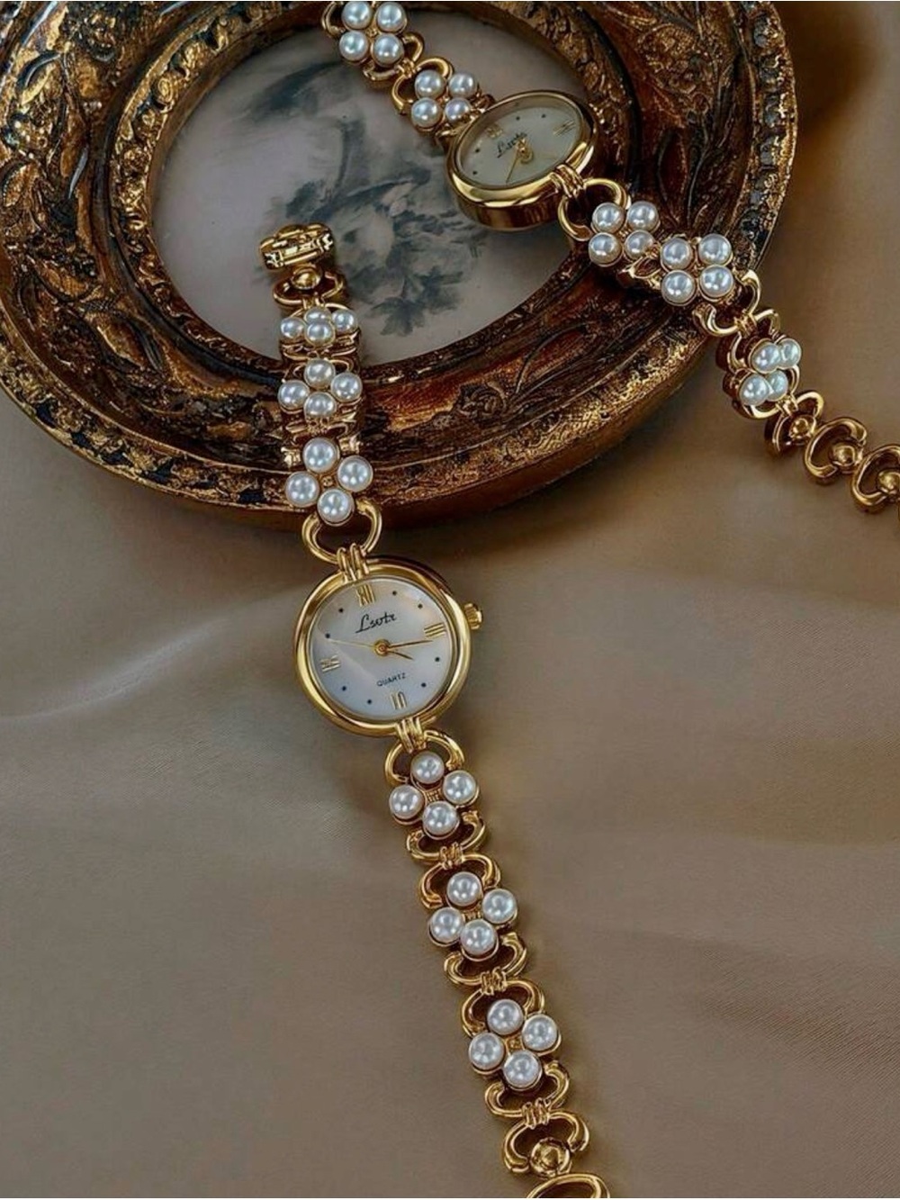 Anthropologie Gold Pearl Floral Link Watch - Picture 5 of 8